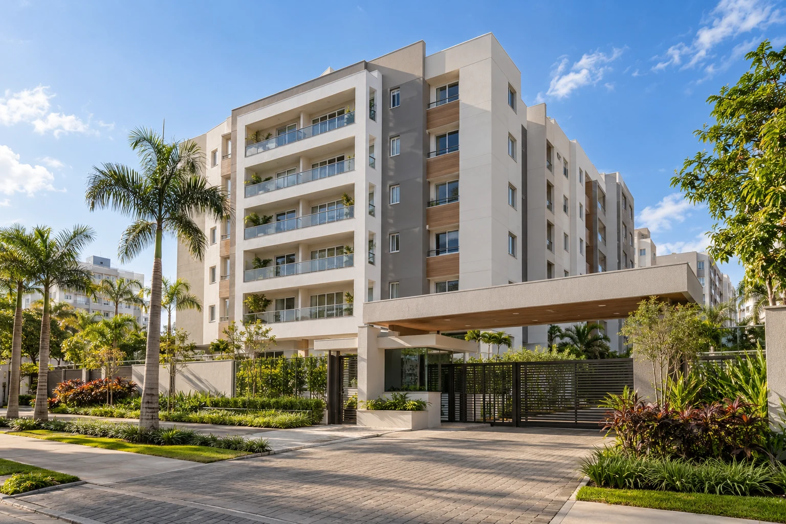 Imagem ilustrativa de condomínio residencial com áreas comuns bem cuidadas